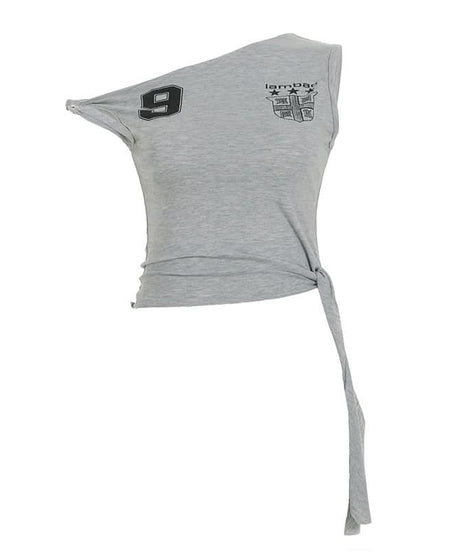 Y2K Asymmetrical '9' Graphic Crop Top - Knotted One-Shoulder Fall Style