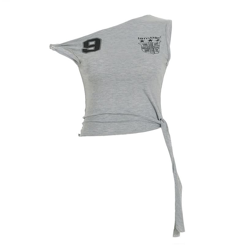 Y2K Asymmetrical '9' Graphic Crop Top - Knotted One-Shoulder Fall Style