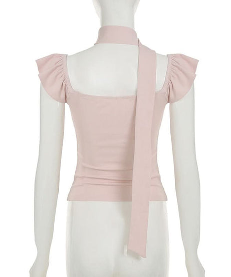 Blush Pink Romantic Square Neck Top with Versatile Ribbon Tie | Chic Fall Transition Cap Sleeve Blouse for Women