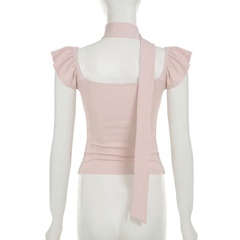 Blush Pink Romantic Square Neck Top with Versatile Ribbon Tie | Chic Fall Transition Cap Sleeve Blouse for Women