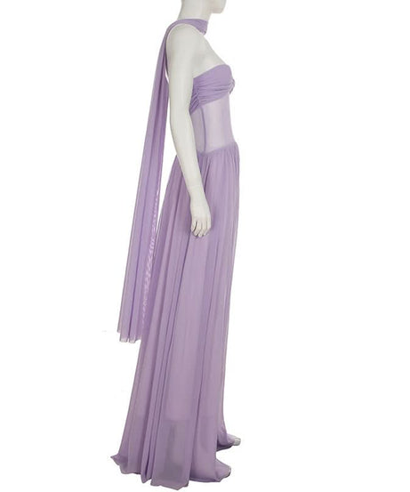 Elegant Lavender Halter Maxi Dress - Sweetheart Ruched Mesh Bodice for Autumn Soirees