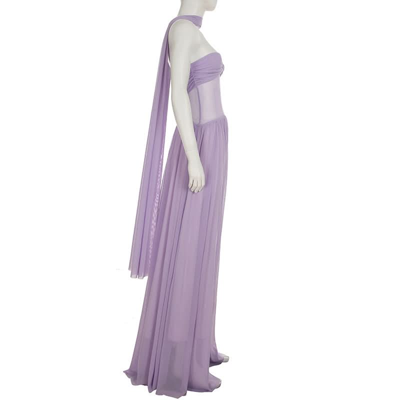 Elegant Lavender Halter Maxi Dress - Sweetheart Ruched Mesh Bodice for Autumn Soirees