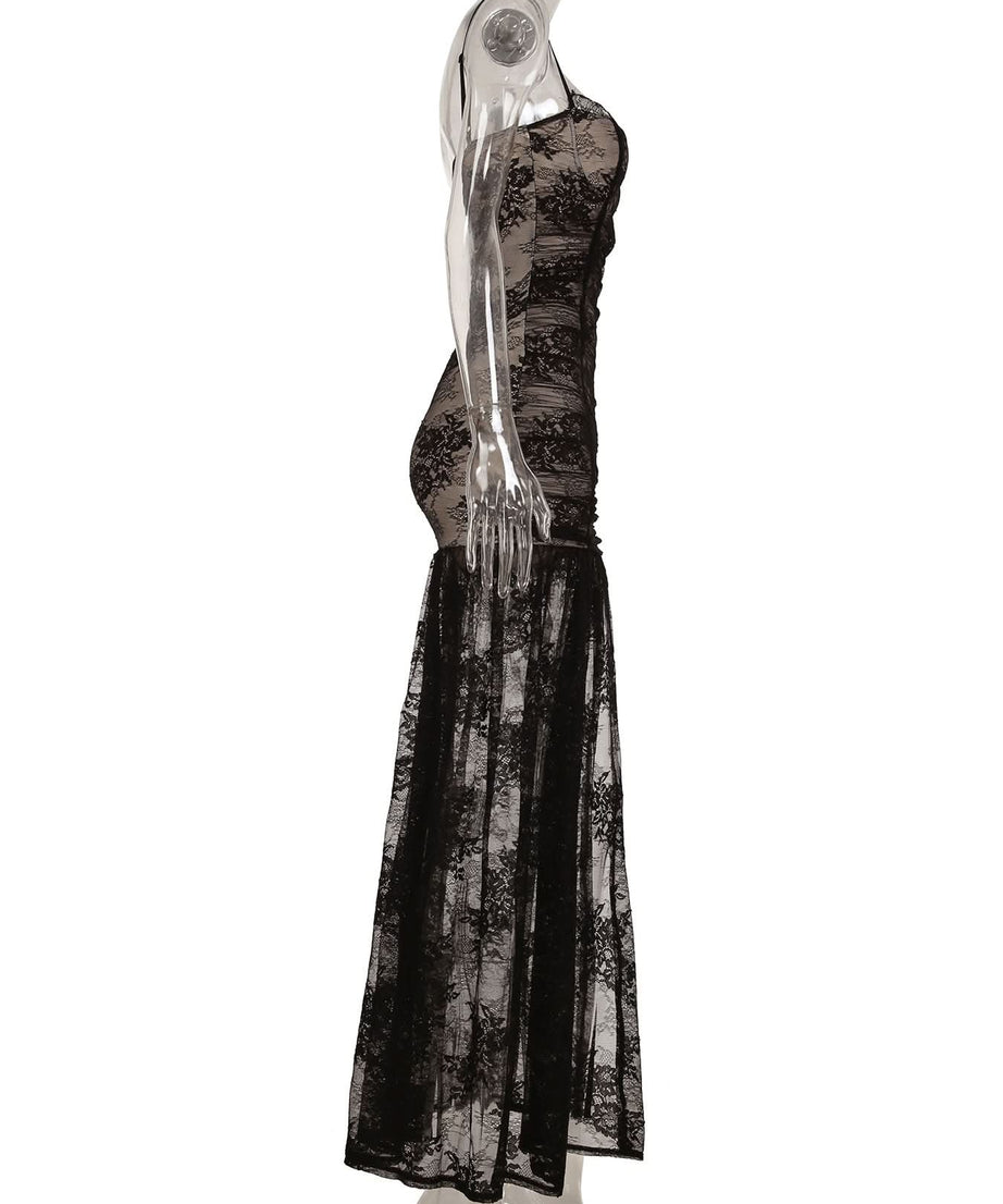 Sultry Sheer Lace Overlay Maxi Dress | High Slit Ruched Bodycon Cami for Fall & Holiday Glam