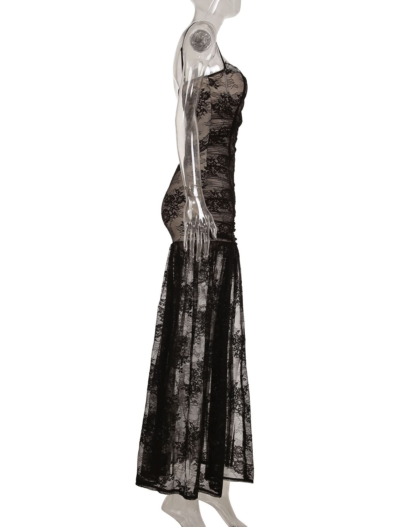 Sultry Sheer Lace Overlay Maxi Dress | High Slit Ruched Bodycon Cami for Fall & Holiday Glam