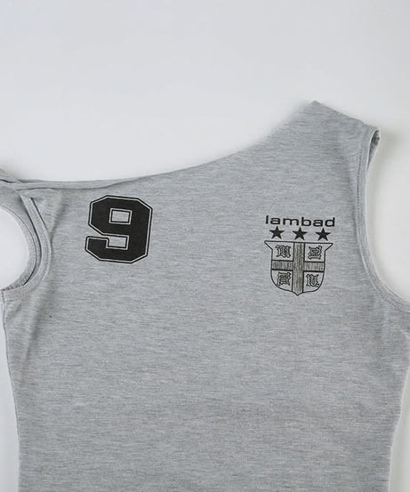 Y2K Asymmetrical '9' Graphic Crop Top - Knotted One-Shoulder Fall Style