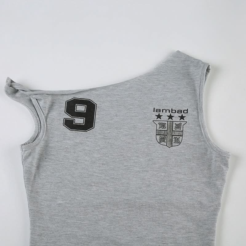 Y2K Asymmetrical '9' Graphic Crop Top - Knotted One-Shoulder Fall Style