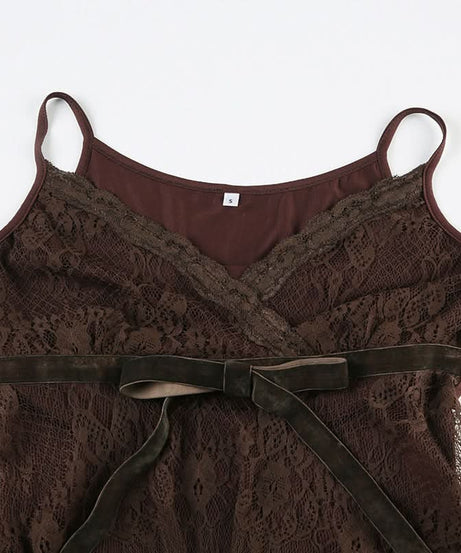 Autumn Romance: Elegant Chocolate Lace V-Neck Cami Top with Velvet Bow | Fall Layering Essential