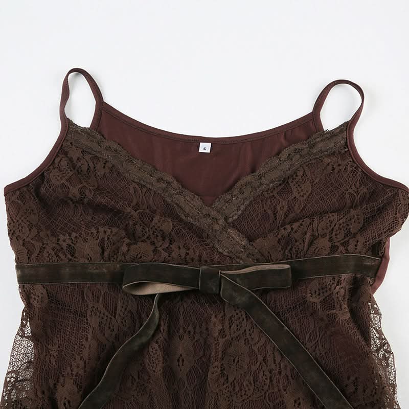Autumn Romance: Elegant Chocolate Lace V-Neck Cami Top with Velvet Bow | Fall Layering Essential