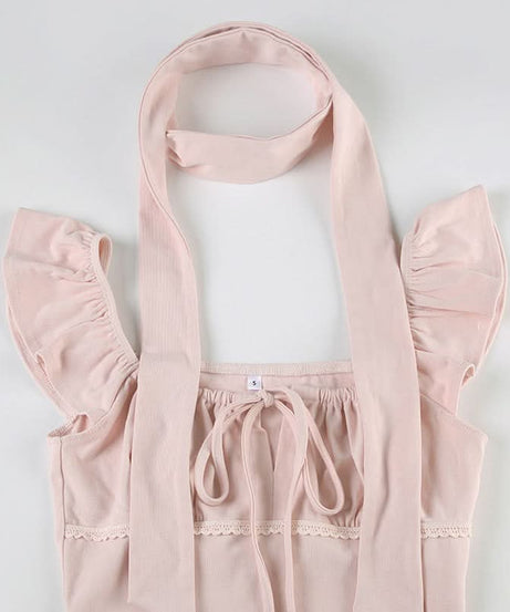 Blush Pink Romantic Square Neck Top with Versatile Ribbon Tie | Chic Fall Transition Cap Sleeve Blouse for Women