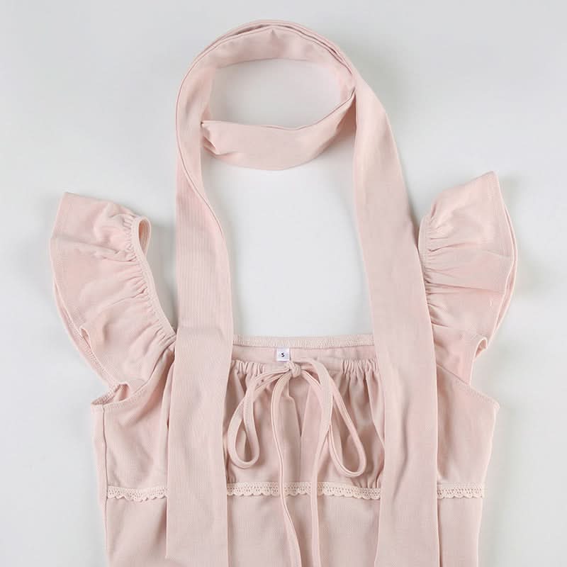 Blush Pink Romantic Square Neck Top with Versatile Ribbon Tie | Chic Fall Transition Cap Sleeve Blouse for Women