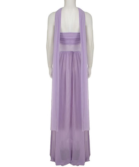 Elegant Lavender Halter Maxi Dress - Sweetheart Ruched Mesh Bodice for Autumn Soirees