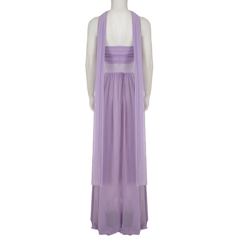 Elegant Lavender Halter Maxi Dress - Sweetheart Ruched Mesh Bodice for Autumn Soirees
