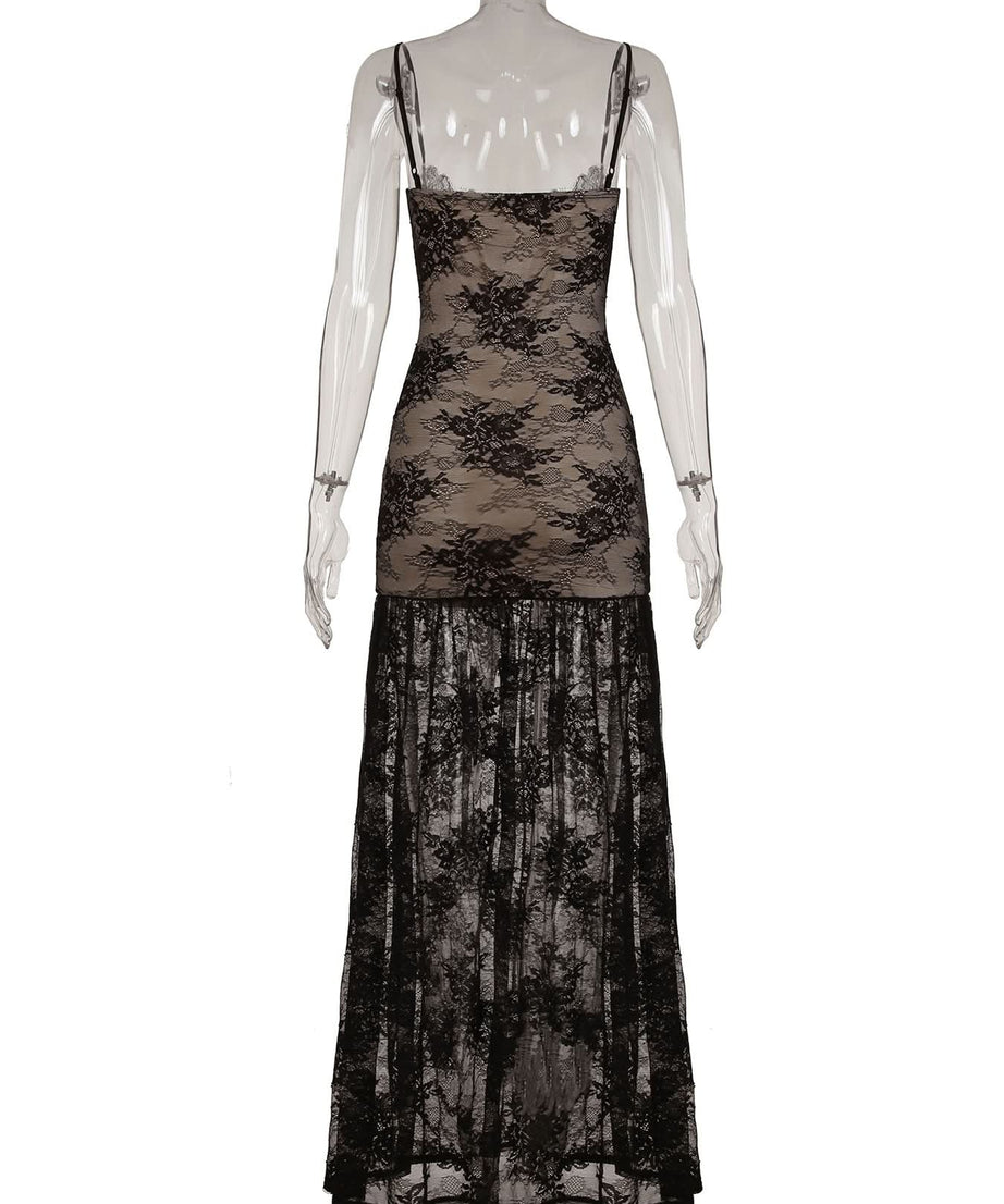 Sultry Sheer Lace Overlay Maxi Dress | High Slit Ruched Bodycon Cami for Fall & Holiday Glam