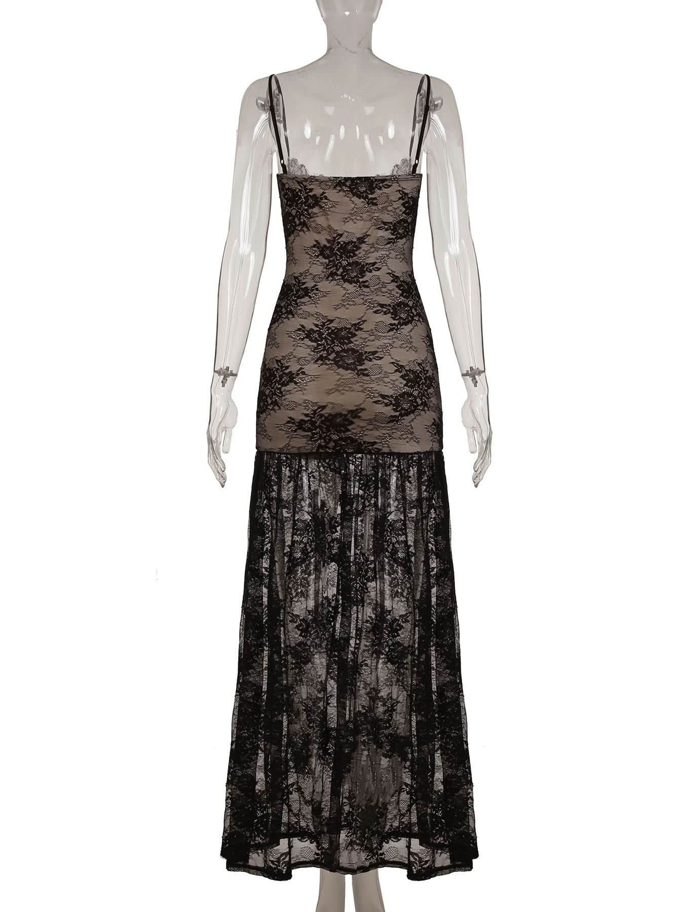 Sultry Sheer Lace Overlay Maxi Dress | High Slit Ruched Bodycon Cami for Fall & Holiday Glam