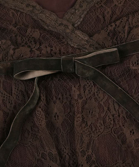 Autumn Romance: Elegant Chocolate Lace V-Neck Cami Top with Velvet Bow | Fall Layering Essential