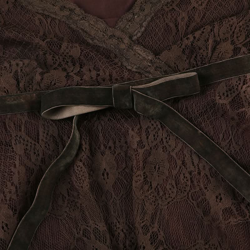 Autumn Romance: Elegant Chocolate Lace V-Neck Cami Top with Velvet Bow | Fall Layering Essential
