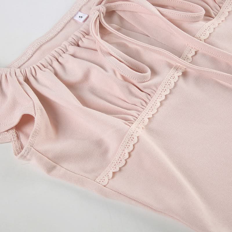 Blush Pink Romantic Square Neck Top with Versatile Ribbon Tie | Chic Fall Transition Cap Sleeve Blouse for Women