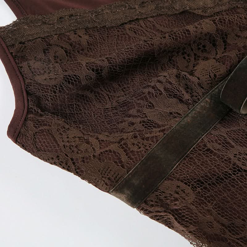 Autumn Romance: Elegant Chocolate Lace V-Neck Cami Top with Velvet Bow | Fall Layering Essential