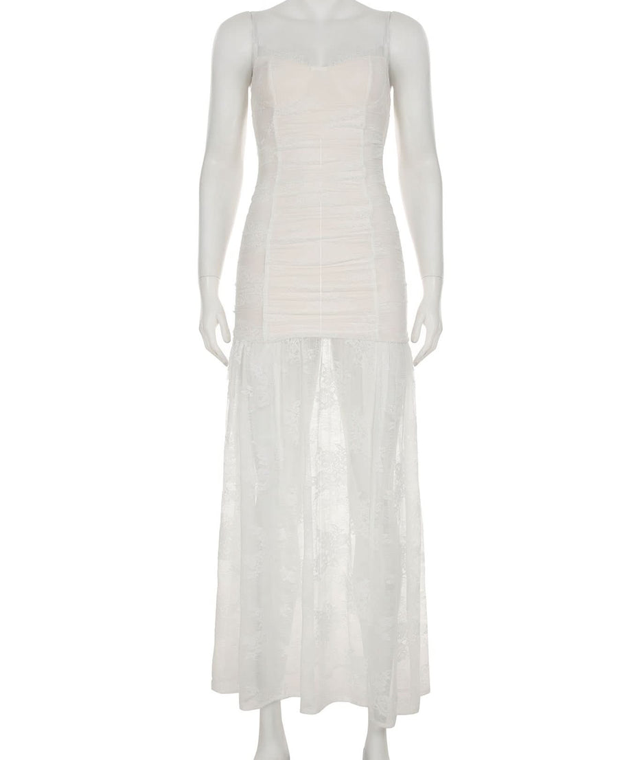 Sultry Sheer Lace Overlay Maxi Dress | High Slit Ruched Bodycon Cami for Fall & Holiday Glam