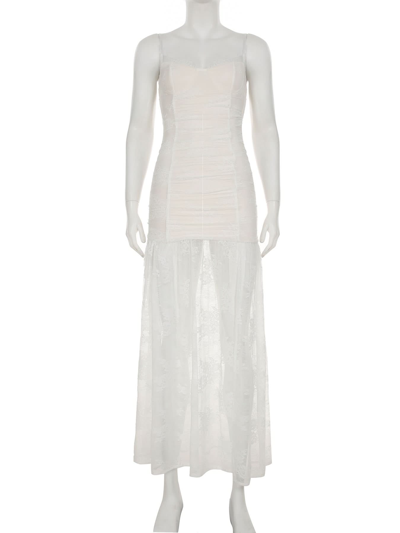 Sultry Sheer Lace Overlay Maxi Dress | High Slit Ruched Bodycon Cami for Fall & Holiday Glam