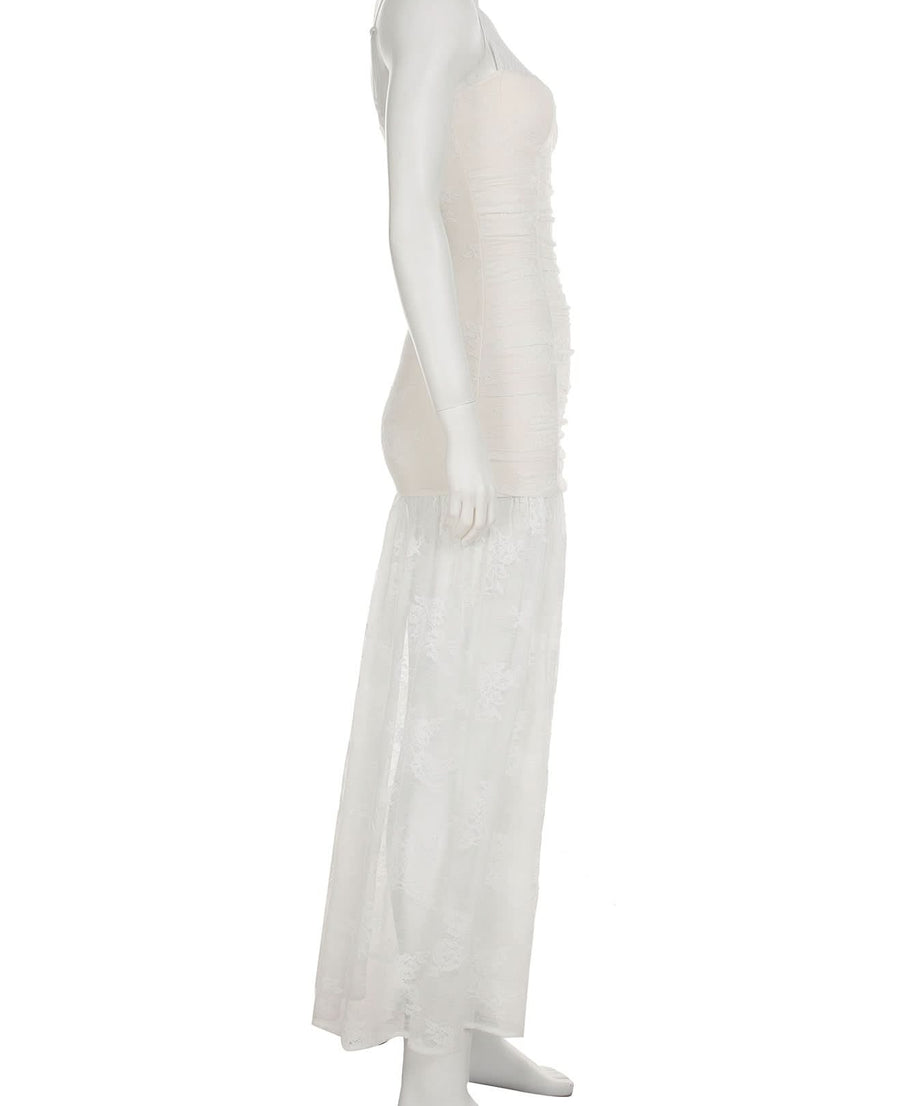 Sultry Sheer Lace Overlay Maxi Dress | High Slit Ruched Bodycon Cami for Fall & Holiday Glam