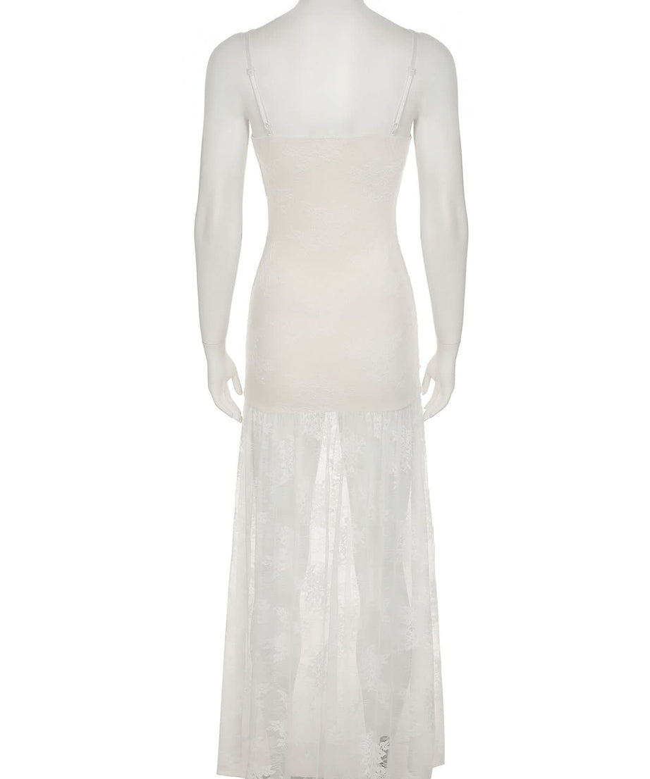 Sultry Sheer Lace Overlay Maxi Dress | High Slit Ruched Bodycon Cami for Fall & Holiday Glam