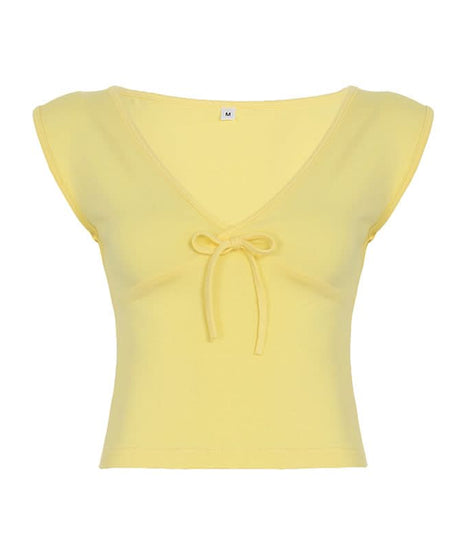 Sunny Charm Bow Tie V-Neck Cap Sleeve Top - Bright Yellow Fall Layering Essential