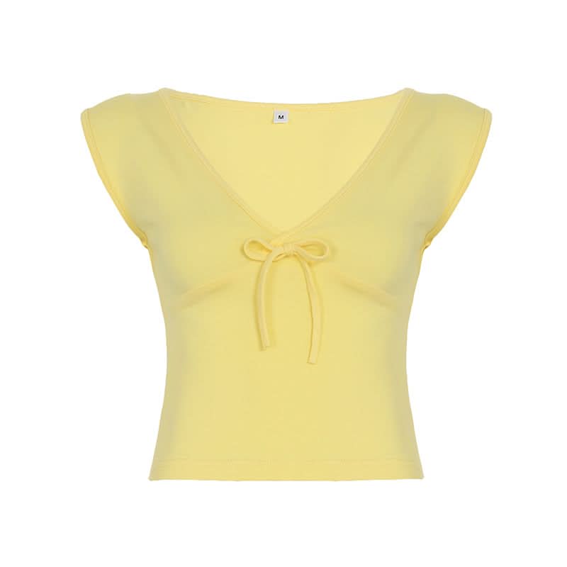 Sunny Charm Bow Tie V-Neck Cap Sleeve Top - Bright Yellow Fall Layering Essential