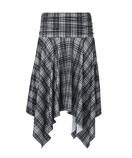 Elevated Autumn Plaid Ruched Handkerchief Hem Midi Skirt