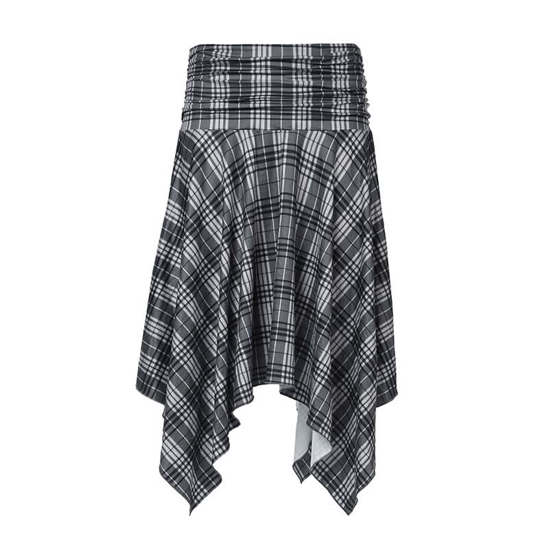 Elevated Autumn Plaid Ruched Handkerchief Hem Midi Skirt