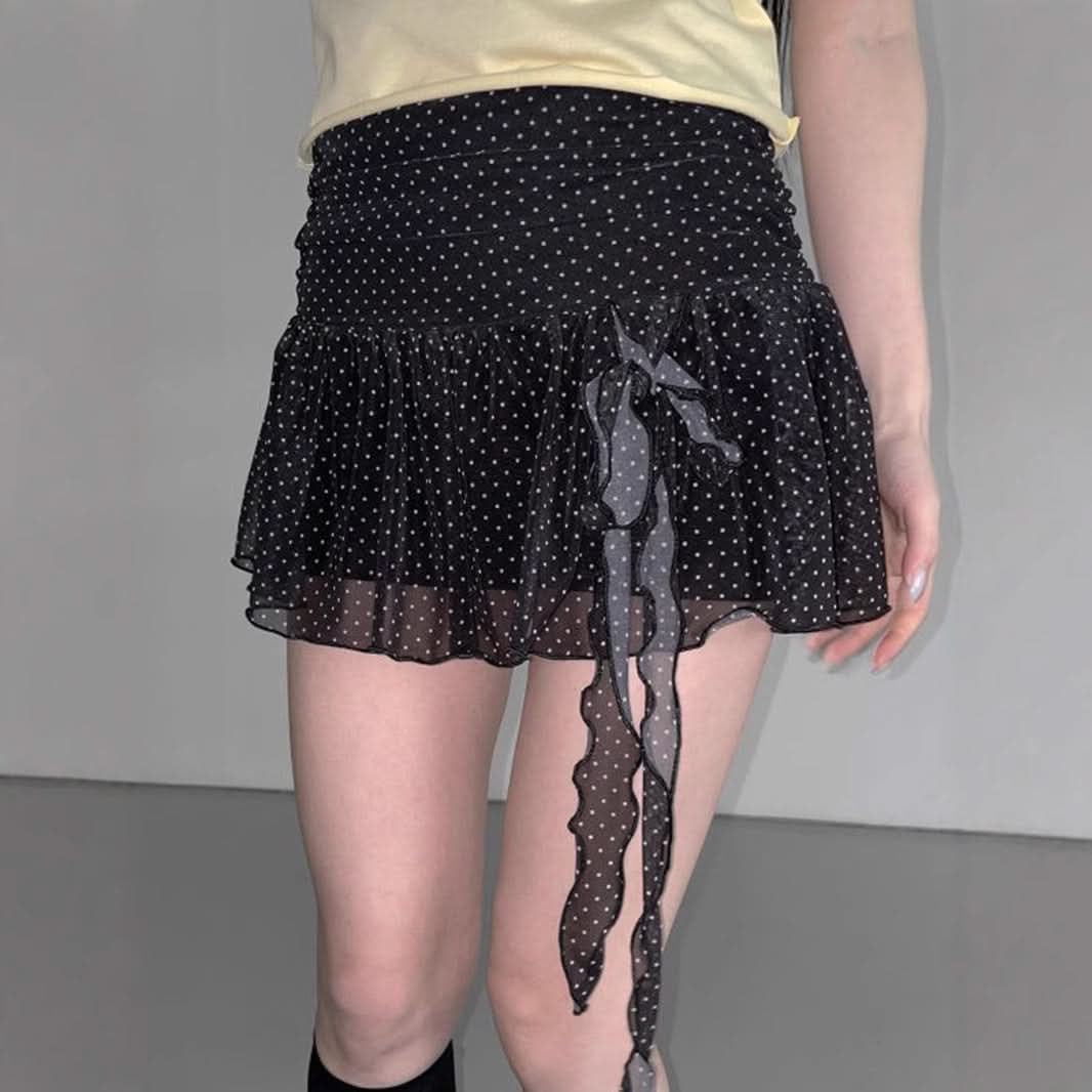 Spooky Chic: Flirty Polka Dot Ruffle Mini Skirt with Self-Tie Detail - Perfect for Fall & Halloween Parties