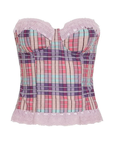 Coquette Plaid Sweetheart Bustier Top with Lace Trim - Y2K Inspired Fall Fashion