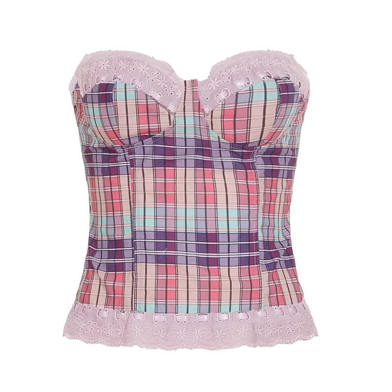 Coquette Plaid Sweetheart Bustier Top with Lace Trim - Y2K Inspired Fall Fashion
