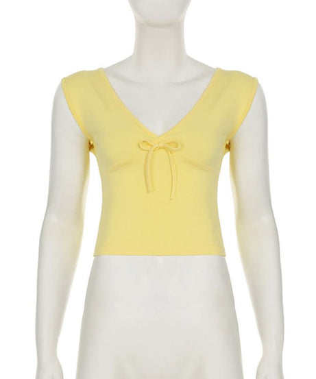 Sunny Charm Bow Tie V-Neck Cap Sleeve Top - Bright Yellow Fall Layering Essential