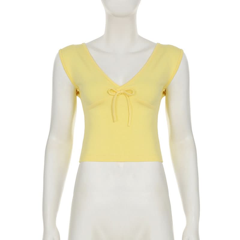 Sunny Charm Bow Tie V-Neck Cap Sleeve Top - Bright Yellow Fall Layering Essential