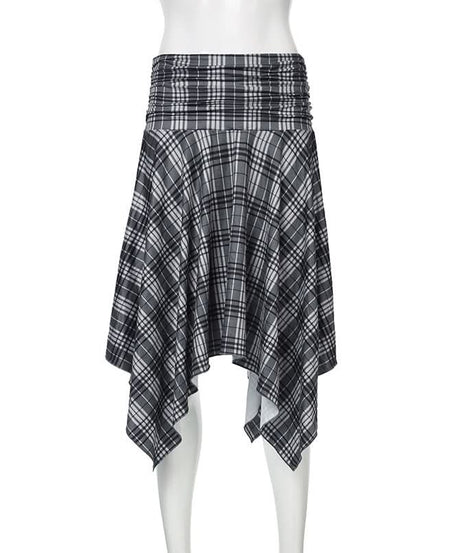 Elevated Autumn Plaid Ruched Handkerchief Hem Midi Skirt