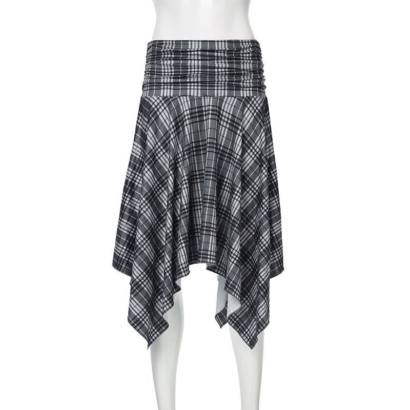 Elevated Autumn Plaid Ruched Handkerchief Hem Midi Skirt