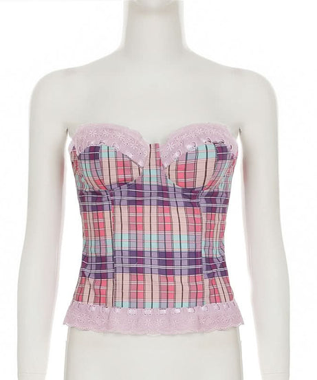 Coquette Plaid Sweetheart Bustier Top with Lace Trim - Y2K Inspired Fall Fashion