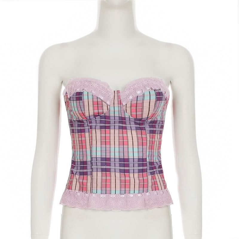 Coquette Plaid Sweetheart Bustier Top with Lace Trim - Y2K Inspired Fall Fashion