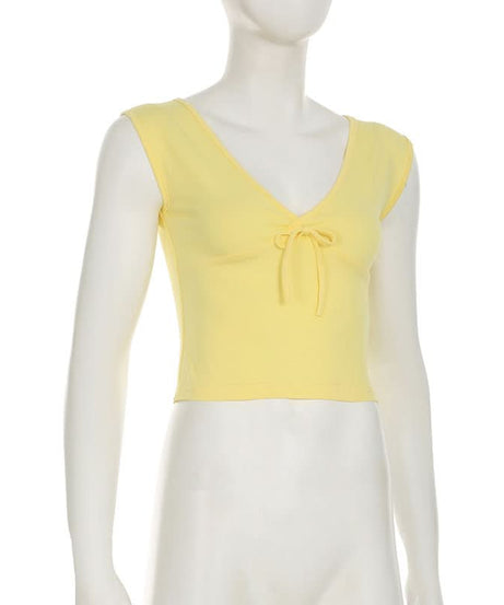 Sunny Charm Bow Tie V-Neck Cap Sleeve Top - Bright Yellow Fall Layering Essential