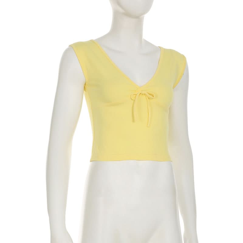 Sunny Charm Bow Tie V-Neck Cap Sleeve Top - Bright Yellow Fall Layering Essential