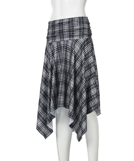 Elevated Autumn Plaid Ruched Handkerchief Hem Midi Skirt