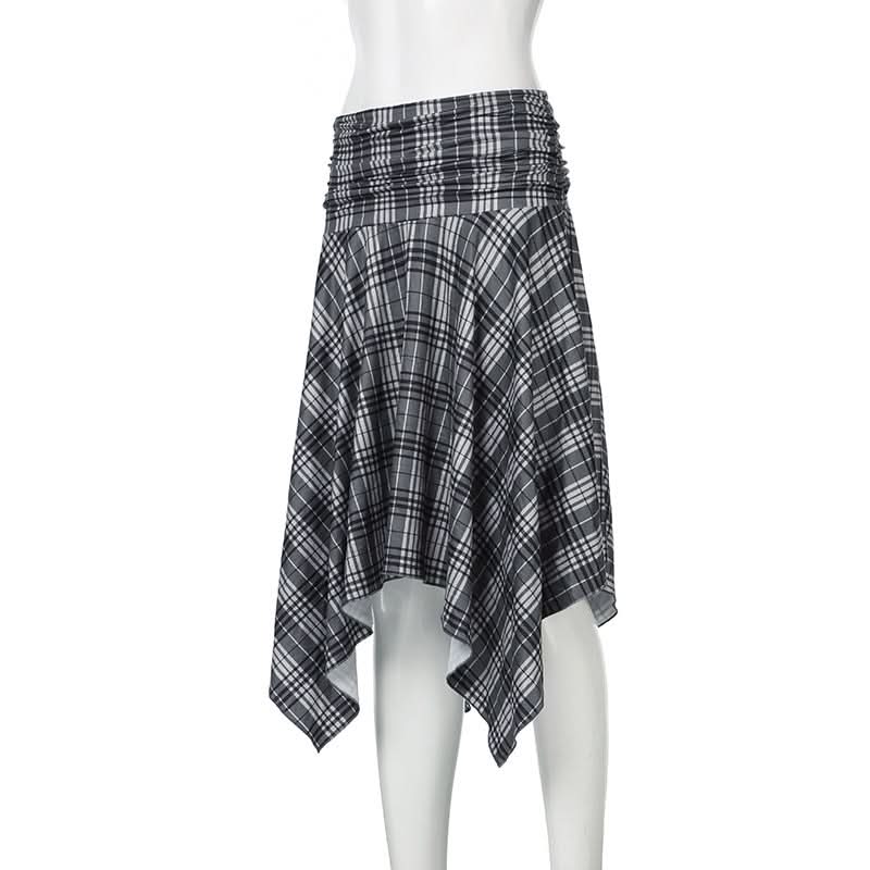 Elevated Autumn Plaid Ruched Handkerchief Hem Midi Skirt