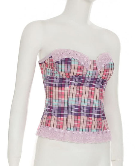 Coquette Plaid Sweetheart Bustier Top with Lace Trim - Y2K Inspired Fall Fashion