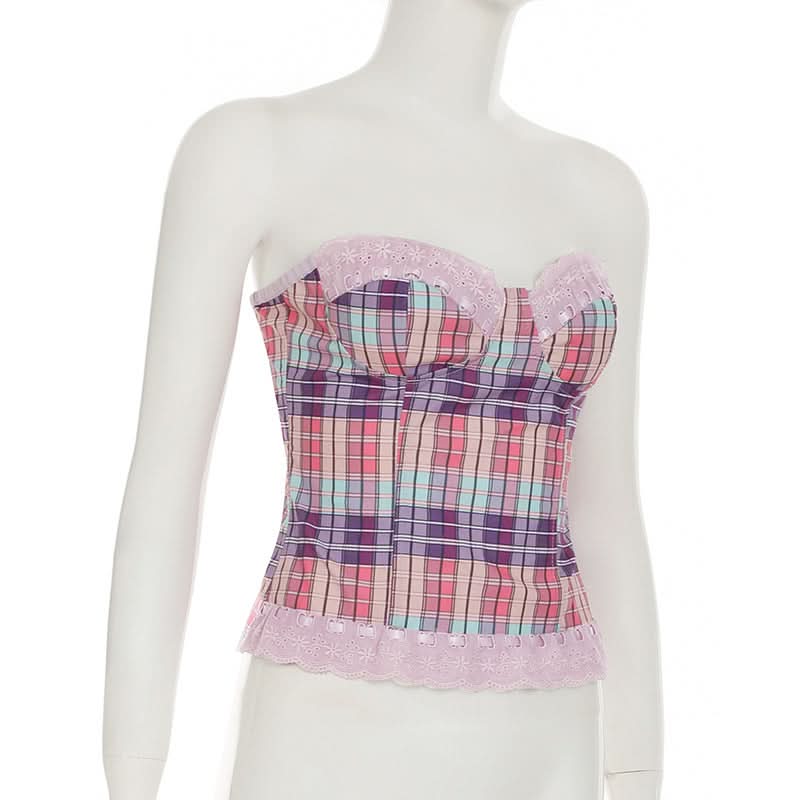 Coquette Plaid Sweetheart Bustier Top with Lace Trim - Y2K Inspired Fall Fashion
