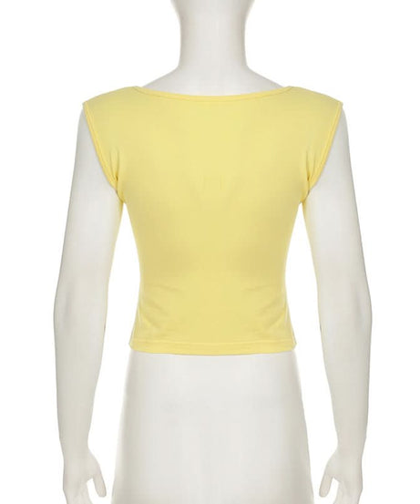 Sunny Charm Bow Tie V-Neck Cap Sleeve Top - Bright Yellow Fall Layering Essential
