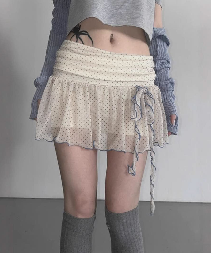 Spooky Chic: Flirty Polka Dot Ruffle Mini Skirt with Self-Tie Detail - Perfect for Fall & Halloween Parties
