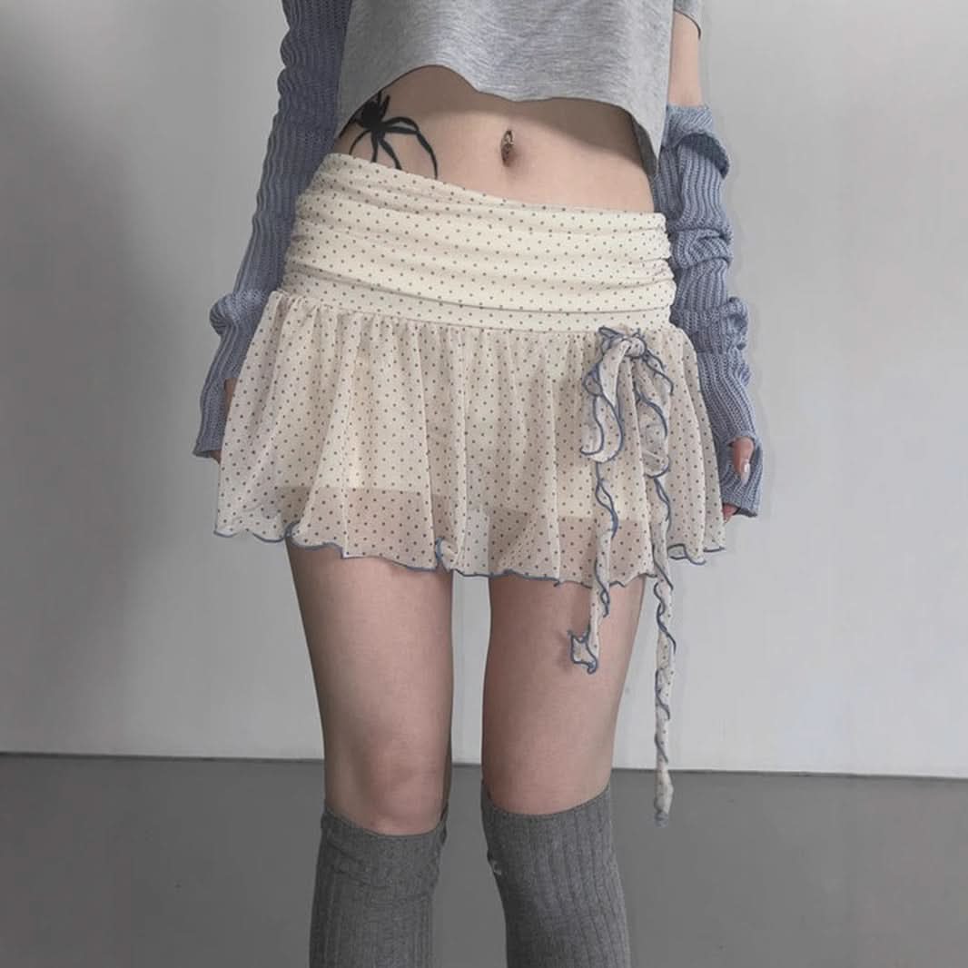 Spooky Chic: Flirty Polka Dot Ruffle Mini Skirt with Self-Tie Detail - Perfect for Fall & Halloween Parties
