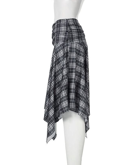 Elevated Autumn Plaid Ruched Handkerchief Hem Midi Skirt