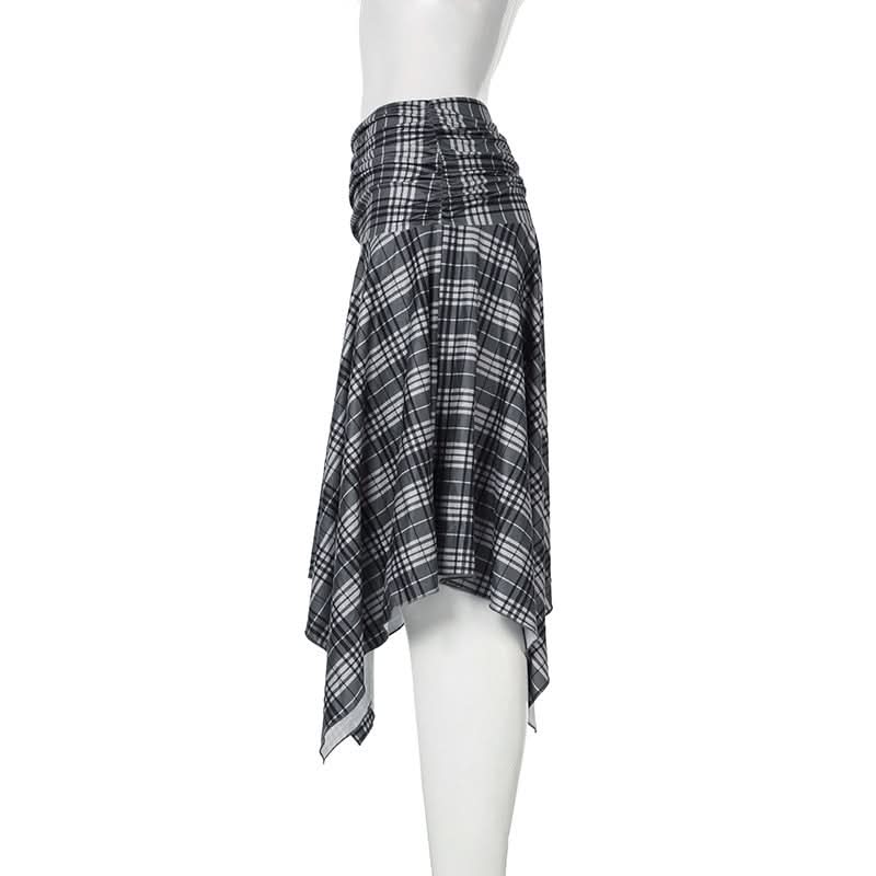 Elevated Autumn Plaid Ruched Handkerchief Hem Midi Skirt